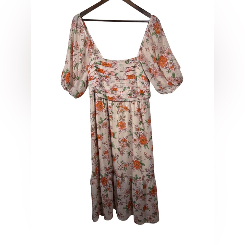 Indigo Rose Floral Midi Dress Puff Sleeve Size Large